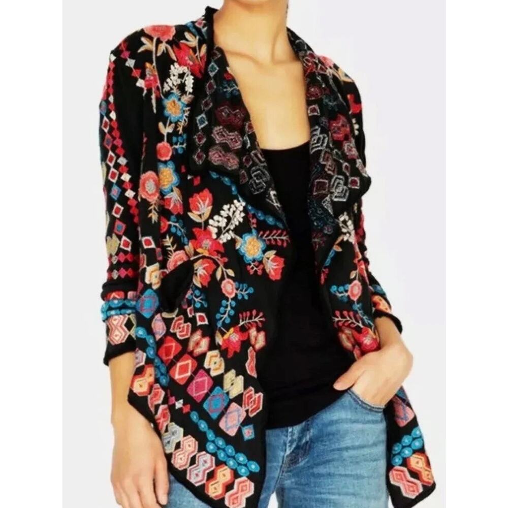 Johnny Was Embroidered Cardigan Sweater Floral Peacock Rare MSRP $350
